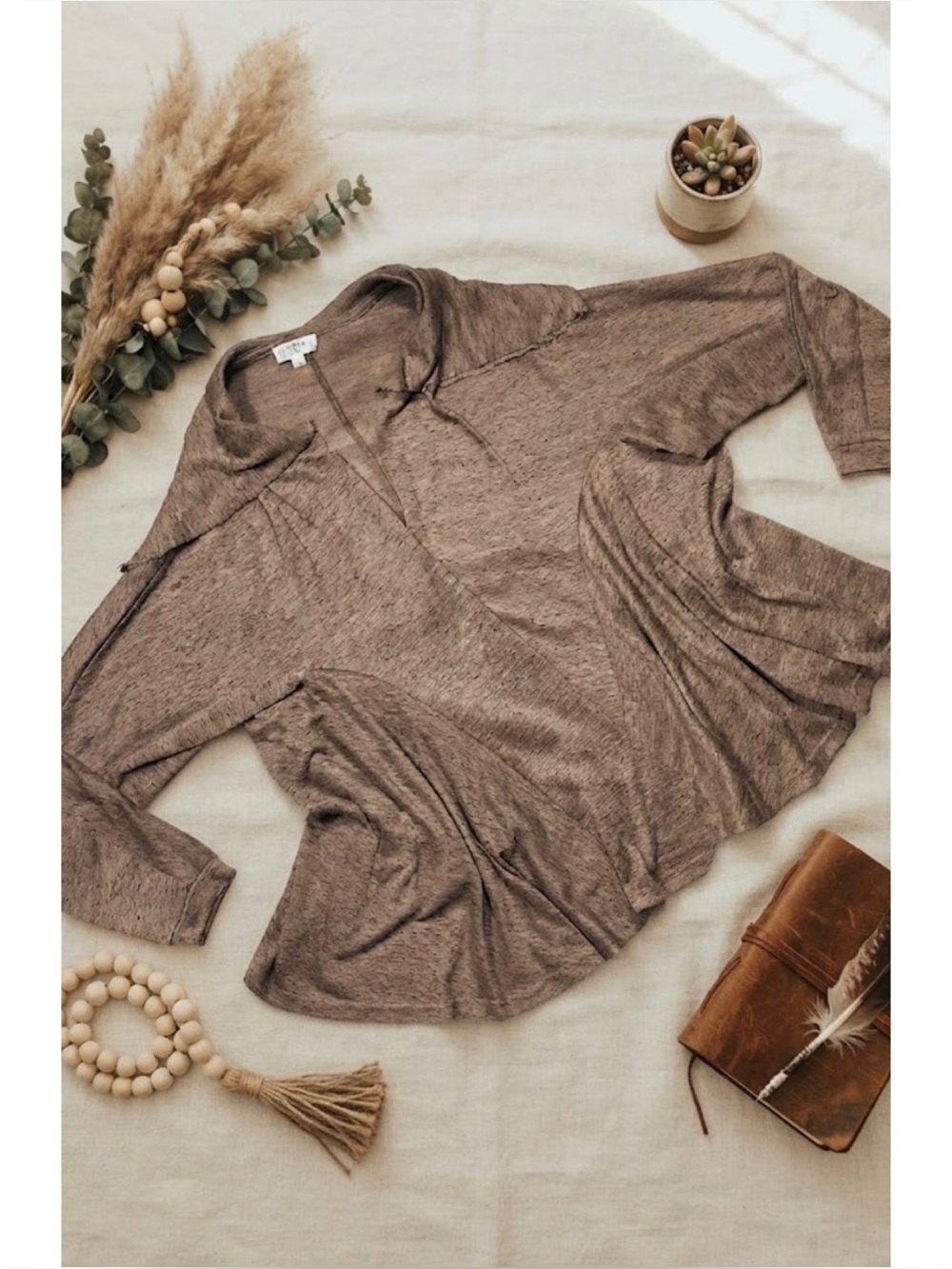 Umgee Open Front Raw Hem Wrap Cardigan Heathered Brown *Read*